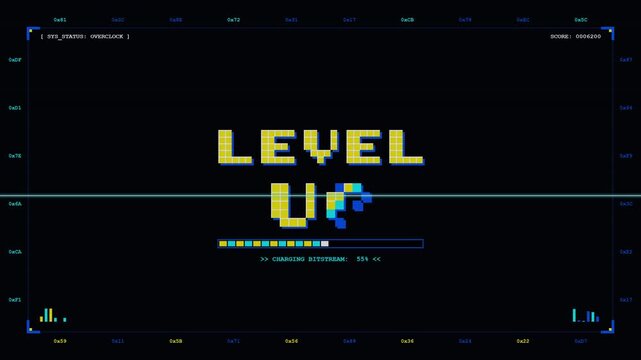 Level up animation of looped text with glitch effect on green black background. 8 bit video game screen saver. up level. 4K Video 