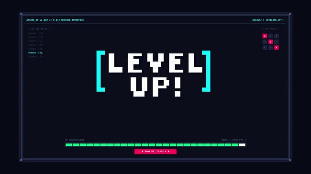 Retro Cyberpunk Arcade Operating System User Interface with Hex Telemetry Data and Digital System Status Display for Sci-Fi Gaming Content