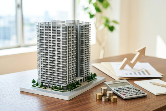 高層マンション模型と電卓・コイン・グラフで資産運用を考える不動産投資のイメージ｜・資産形成・住宅購入・金融のシーン