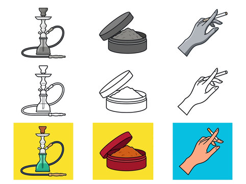 Tobacco and Smoking Vector Icon Set Featuring Hookah, Cigarette in Hand, and Snus Container Illustrations