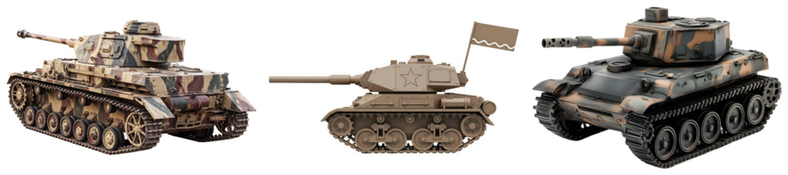 Three different tanks isolated on a white background