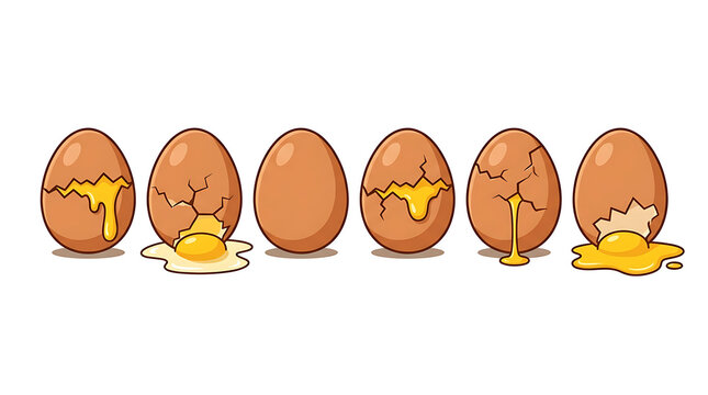 Cracked Egg Collection With Broken Shells Dripping Yolk Fried Egg And Sequential Egg Cracking Process Food Illustration Isolated On White