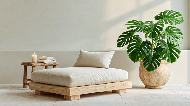 Low profile wooden daybed with plush white cushion and large monstera plant creates peaceful reading nook.