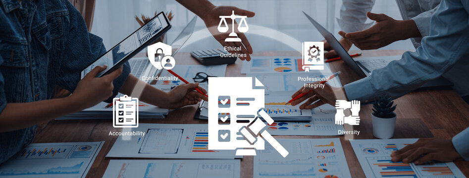 A diverse business team engages in conversation about ethical standards and accountability, utilizing documents and digital tools in a modern office setting to discuss professional integrity. Ledger