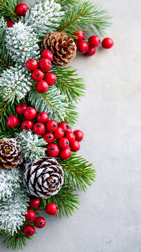 A festive arrangement of snow-dusted pine branches, pinecones, and bright red berries on a light gray background.