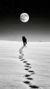 A lone wolf walks through snowy terrain under a starry night sky with a large full moon illuminating its path.
