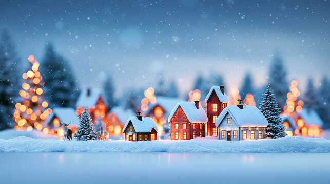 A cozy winter village scene with snow-covered houses and trees lit by warm glowing lights under falling snow.