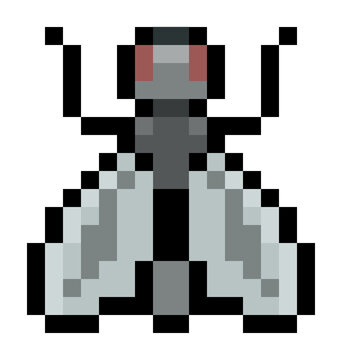 8-Bit Style Pixel Art House Fly Character Icon insect for Video Games