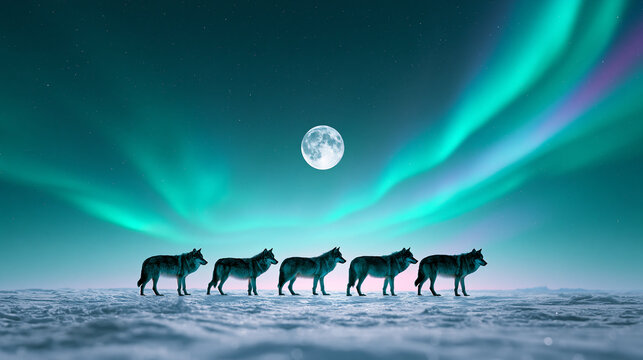 Six wolves walk in a snowy landscape beneath a full moon and vibrant northern lights in a serene nighttime scene.