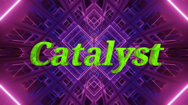 Futuristic glowing neon corridor tunnel featuring green textured catalyst typography digital art motion background with converging toward central