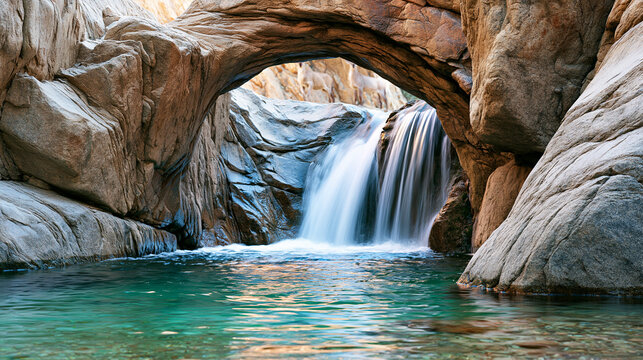 A natural rock arch frames a cascading waterfall flowing into a clear turquoise pool surrounded by rugged stone formations.