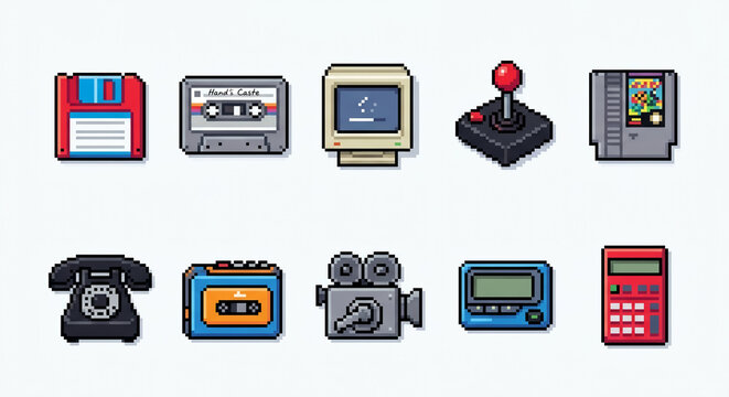 Set of retro tech and vintage electronic icons pixel art vector illustration
