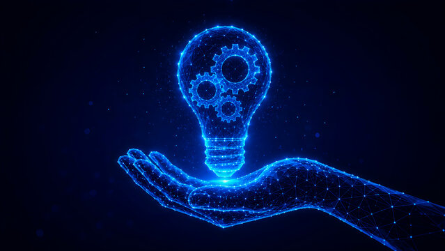 Futuristic glowing lightbulb with gears in human hand, digital wireframe innovation concept, blue neon technology background