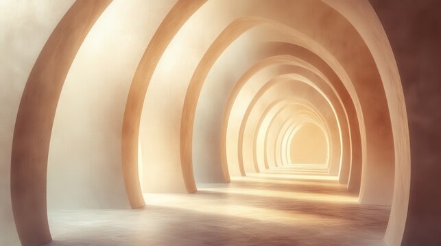 Futuristic architectural tunnel with glowing arches and warm lighting, modern design and smooth curved surfaces