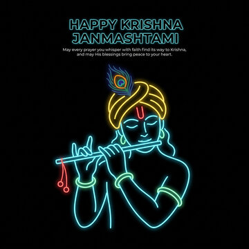 Neon of lord krishna playing a flute for janmashtami celebration, featuring a peacock feather and traditional turban against a solid black background