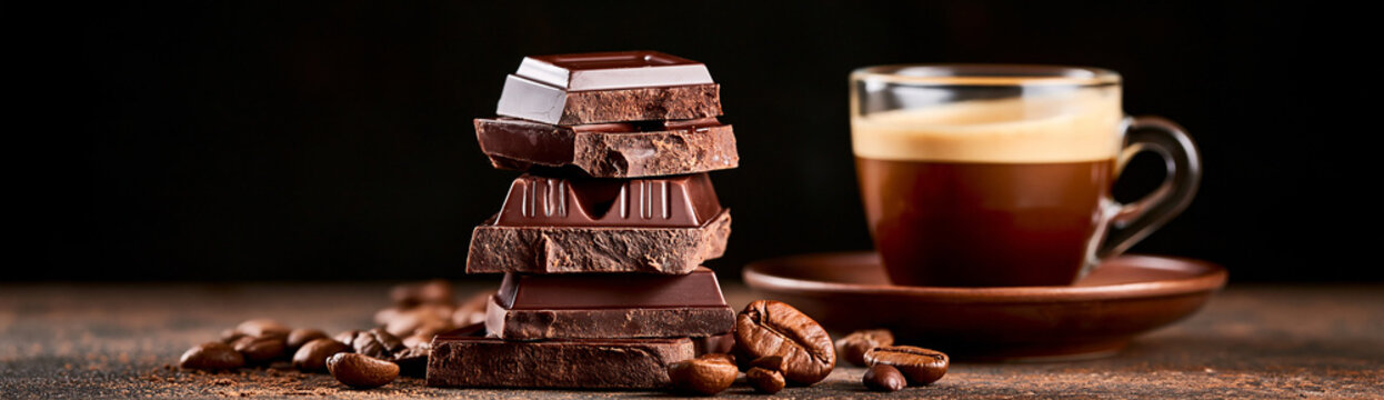 A stack of assorted dark chocolates with coffee beans scattered around and a clear cup of espresso on a saucer in the background, set against a dark backdrop.