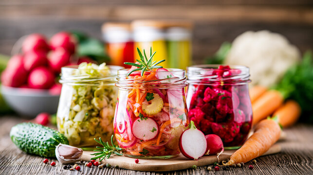 Colorful jars of fermented vegetables including radishes, carrots, and cabbage, surrounded by fresh produce on a rustic wooden table.