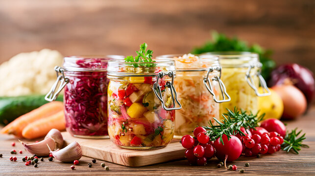 Colorful jars of homemade pickled vegetables including carrots, cabbage, and peppers on a wooden surface, surrounded by fresh ingredients and herbs.