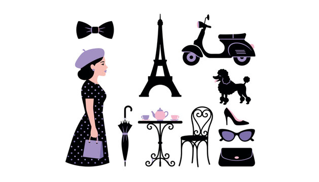 Elegant Paris travel vector silhouette set with French woman Eiffel Tower scooter poodle dog and retro fashion elements