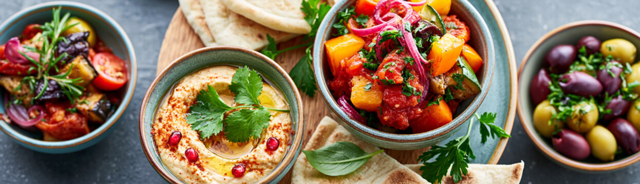 Colorful Mediterranean mezze bowls with olives, hummus, roasted vegetables, and fresh herbs served with flatbread on a textured surface.