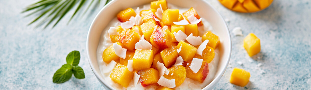 A bowl of creamy oatmeal topped with caramelized mango chunks and coconut flakes, garnished with a mint leaf, set on a light blue textured surface.