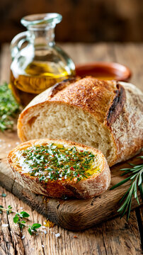 Rustic bread sliced on a wooden board, topped with olive oil and herbs, with a bottle of olive oil in the background.