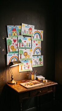 Collection of colorful childrens drawings displayed on a dark wall above a wooden desk