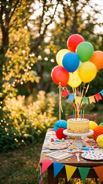 Colorful birthday celebration setup with balloons cake and decorations outdoors