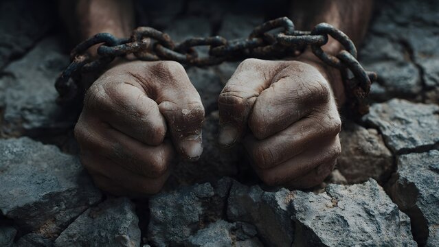 Close-up of chained hands against a rocky background, symbolizing struggle and confinement