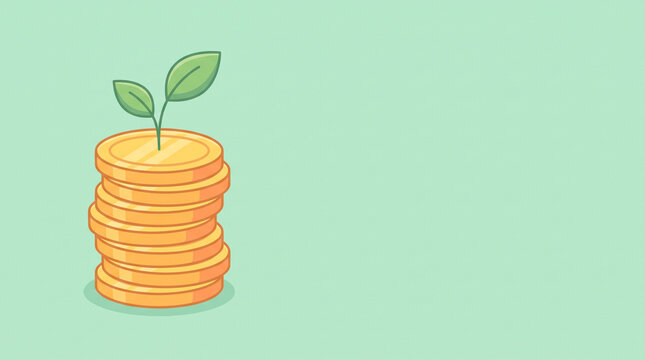 A stack of golden coins with a small green sprout growing from the top representing financial growth and sustainable investment in a clean flat vector illustration style for business