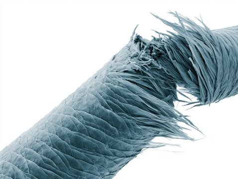 Micro View of Dry Damaged Hair Strand Isolated on White Background Close Up SEM Scanning Electron Microscope Shot of Split End Hair
