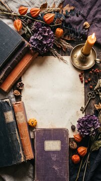 Vintage books, dried flowers, candle, and key arranged on rustic table with blank paper