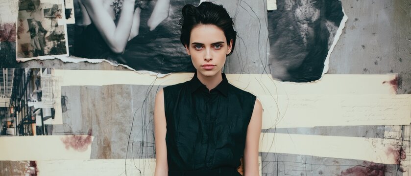 Contemporary Fashion Portrait of a Woman Against Artistic Collage Backdrop