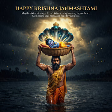 Vasudeva carrying baby krishna in a basket across the river during a storm, janmashtami greeting card