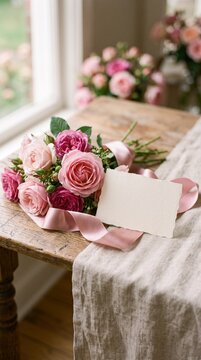 Beautiful bouquet of pink roses with a blank card on rustic wooden table