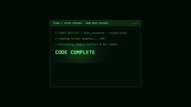 Retro VT100 Computer Terminal Interface Window with Green Text on Black Background for Cybersecurity Coding and Hacking Digital Concept Background