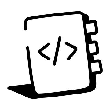 Hand drawn doodle icon of a tabbed code notebook, with bold black outlines and simple clean details for a clear software development concept.