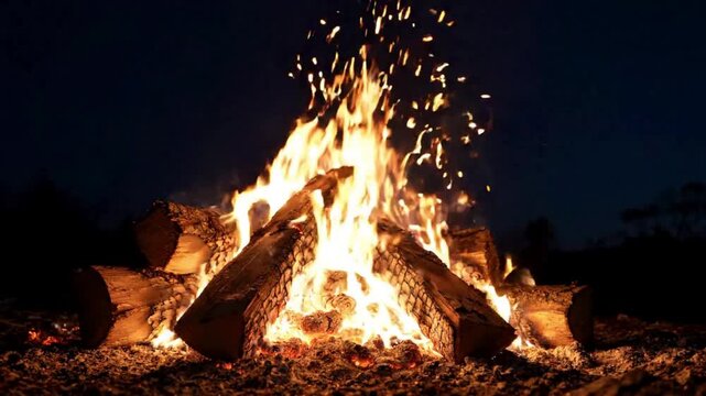 A warm and inviting bonfire crackles in the dark, sending sparks flying into the night sky. Logs of wood are stacked high, creating a mesmerizing display of light and heat