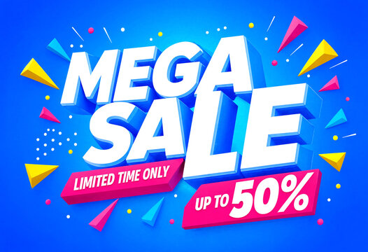 Bright and colorful mega sale banner with limited time offer up to fifty percent discount