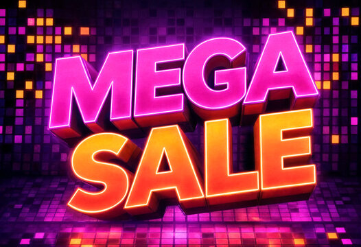 Bright and colorful mega sale sign with glowing neon letters on digital background