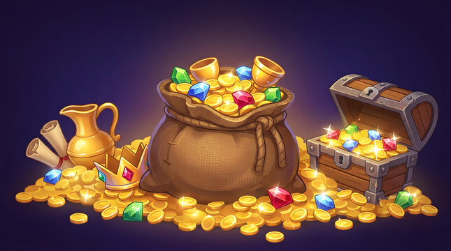Treasure chest gold coins and jeweled pouch on a dark purple background
