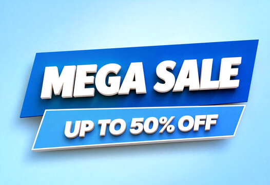 Bright blue mega sale banner with bold white text advertising up to fifty percent off discounts