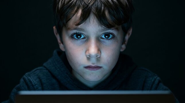 Young boy looking at a screen in the dark