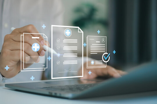 Digital medical records and healthcare automation concept. Doctor using AI powered systems to manage patient documents, improve data accuracy, and enhance modern hospital healthcare services.