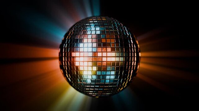 A seamless VJ video featuring a disco ball, retro neon glow, and colorful beams. Perfect for retro disco clubs, DJs, VJ backdrops, VFX, motion graphics, and stage intro visual effects. Retro-style scr