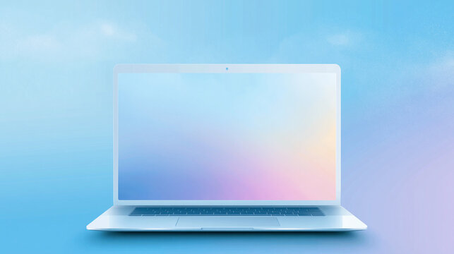 Minimalist sleek laptop computer on soft blue gradient background with pastel colors.