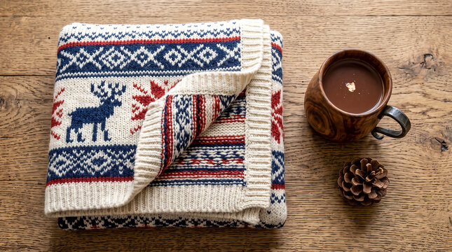 Cozy winter composition with a folded fair isle wool blanket, a rustic wooden mug of hot chocolate and a pinecone on a rustic oak table background