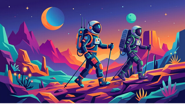 Flat vector astronaut exploring alien planet landscape retro psychedelic art set