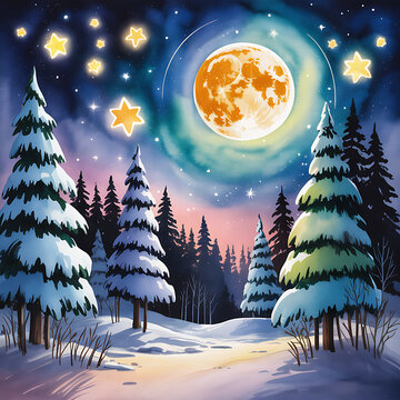 Magical winter night landscape with snowy pine trees glowing moon and golden stars