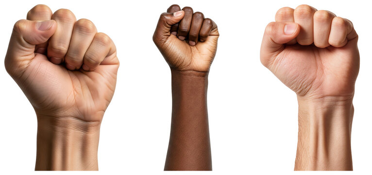 Three fists raised, representing diversity and unity, isolated on a white background.